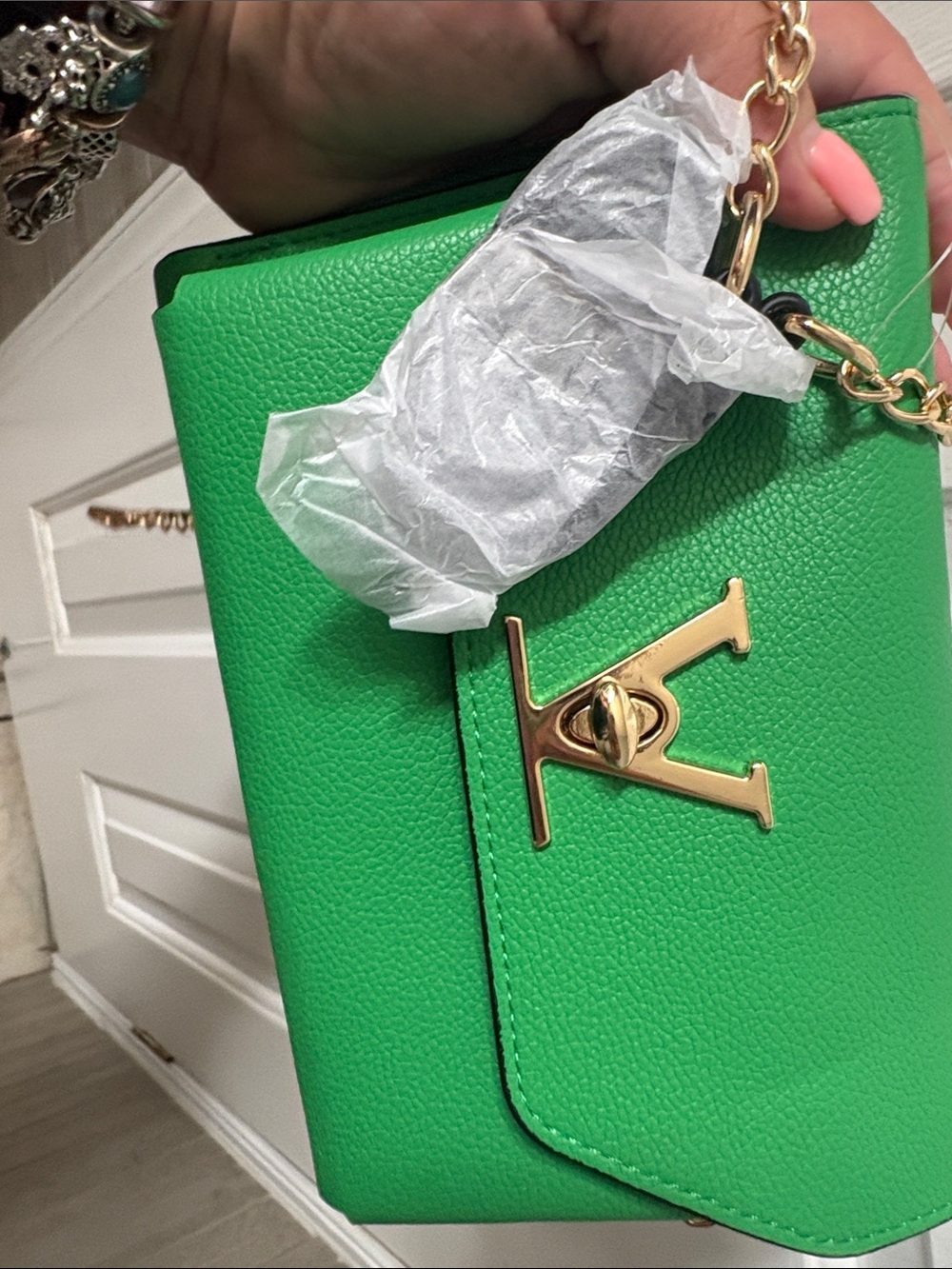 Green Leather Crossbody Bag with Gold Turn-Lock